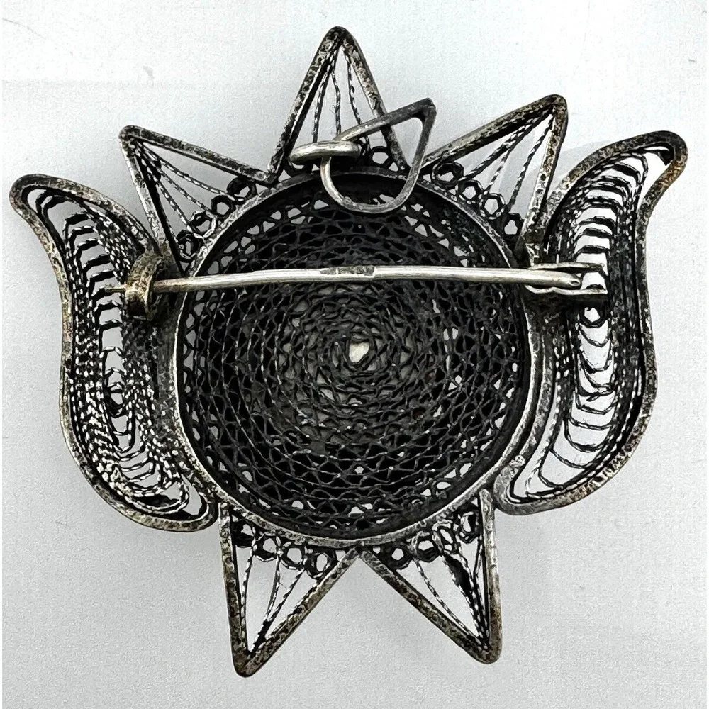 Vintage Egyptian Silver Filigree Carnelian Brooch Pendant Handmade Lotus Jewelry